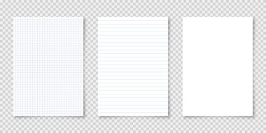 Şeffaf arkaplanda A4 formatında gerçekçi boş kağıtlar. Defter sayfası, belge. Tasarım şablonu veya maketi. Vektör illüstrasyonu.