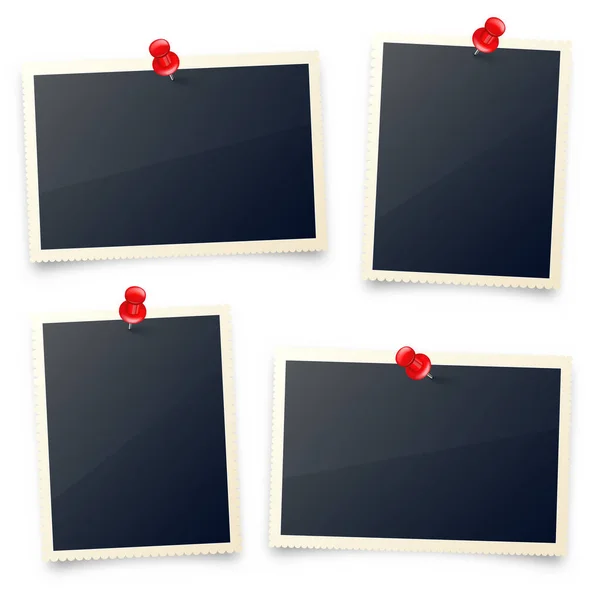 Realistic blank photo card frame, film set. Retro vintage photograph with red push pins. Digital snapshot image. Template or mockup for design. Vector illustration. — Stock Vector