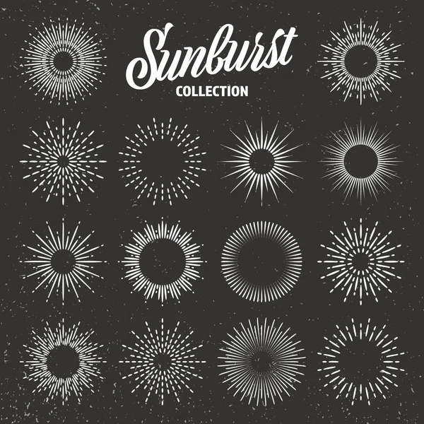 Vintage grunge sunburst coleção. Raios solares a rebentar. Fogos de artifício. Logotipo ou elemento de design de letras. Raios solares radiais. Ilustração vetorial. —  Vetores de Stock