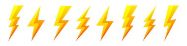 Beyaz arka planda izole edilmiş sarı yıldırım simgeleri. Flaş sembolü, yıldırım. Basit yıldırım çarpması işareti. Vektör illüstrasyonu.