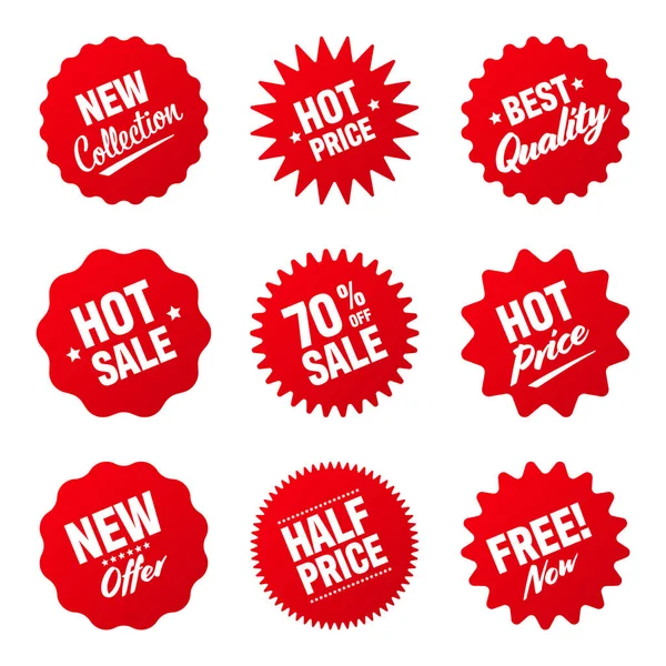 Realistische rood gekantelde prijskaartjes collectie. Speciale aanbieding of shopping korting label. Papiersticker voor de detailhandel. Promotionele verkoop badge. Vectorillustratie. — Stockvector