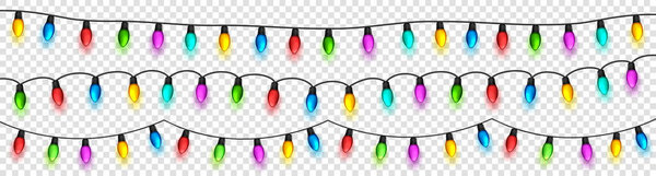 Christmas glowing lights. Festival garlands with colorful bulbs. Greeting card design element. New Year, winter holidays.