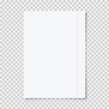 Şeffaf arkaplanda A4 formatında, gerçekçi, boş, kağıttan bir sayfa. Defter sayfası, belge. Tasarım şablonu veya maketi. Vektör illüstrasyonu.