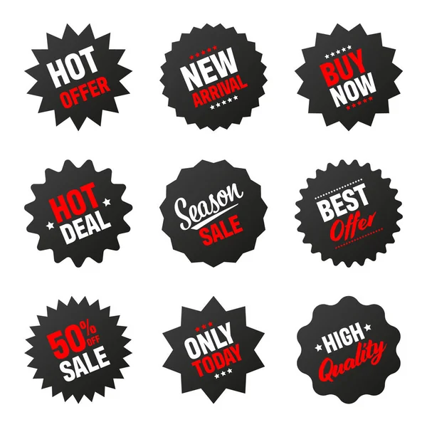 Realistische zwarte gekantelde prijskaartjes collectie. Speciale aanbieding of shopping korting label. Papiersticker voor de detailhandel. Promotionele verkoop badge. Vectorillustratie. — Stockvector