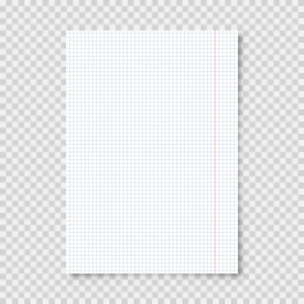 Hoja de papel en blanco realista en formato A4 sobre fondo transparente. Página del cuaderno, documento. Plantilla de diseño o maqueta. Ilustración vectorial. — Vector de stock