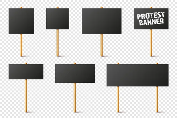 Panneaux de protestation noirs vierges avec support en bois. Bannière de démonstration vectorielle réaliste. Modèle de plaque de carton à action de grève. — Image vectorielle