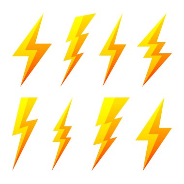 Beyaz arka planda izole edilmiş sarı yıldırım simgeleri. Flaş sembolü, yıldırım. Basit yıldırım çarpması işareti. Vektör illüstrasyonu.