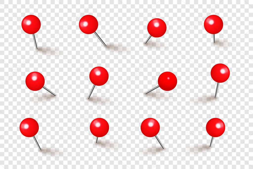 Realistic red push pins. Board tacks isolated on transparent background. Plastic pushpin with needle. Vector illustration.