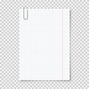 A4 formatında, metal klipsli, şeffaf arkaplanı olan gerçekçi, boş kağıt levha. Defter sayfası, belge. Tasarım şablonu veya maketi. Vektör illüstrasyonu.