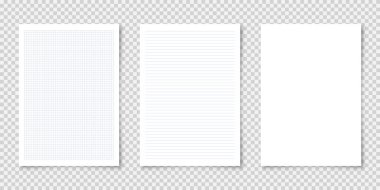 Şeffaf arkaplanda A4 formatında gerçekçi boş kağıtlar. Defter sayfası, belge. Tasarım şablonu veya maketi. Vektör illüstrasyonu.