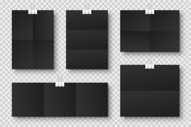 Boş siyah katlanmış kağıt çarşaflar ve ataçlar. Defter, kitap sayfası ve metal tutucu. Tasarım şablonu veya maketi. Vektör illüstrasyonu.