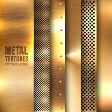 Gerçekçi fırçalanmış metal dokular seti. Parlatılmış paslanmaz çelik arka plan. Vektör illüstrasyonu.