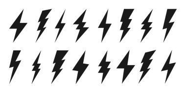 Şimşek simgeleri koleksiyonu. Flaş sembolü, yıldırım. Basit yıldırım çarpması işareti. Vektör illüstrasyonu.