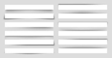 Gölgeli beyaz kağıt kırıntıları. Gri arkaplanda sayfa ayırıcıları. Gerçekçi şeffaf gölge etkisi. Tasarım elementi. Vektör illüstrasyonu.