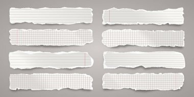 Uzun yırtık kağıt şeritler. Yırtık kenarlı gerçekçi kağıt kırıntıları. Defter sayfalarının parçalarını dizdim. Vektör illüstrasyonu.