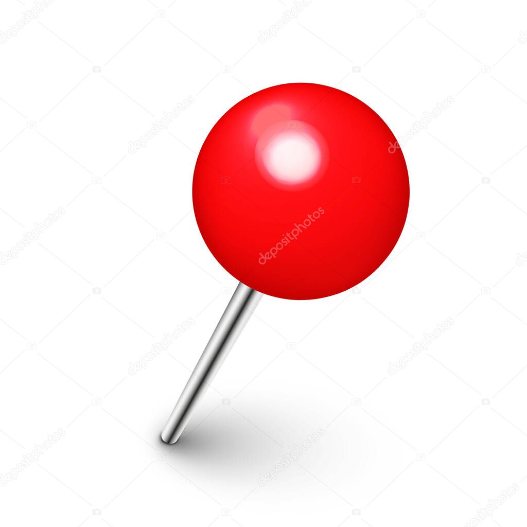 Realistic red push pin. Board tack isolated on white background. Plastic pushpin with needle. Vector illustration.