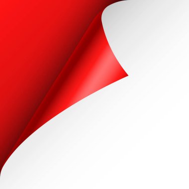 Kırmızı kağıt kıvrılır. Gölgeli kıvrımlı sayfa köşesi. Boş bir kağıt parçası. Renkli parlak folyo. Reklam ve tanıtım için tasarım elemanı. Vektör illüstrasyonu.