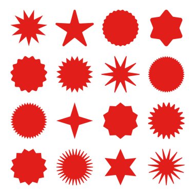 Retro yıldızlar, güneş patlaması sembolleri. Klasik güneş ışığı simgeleri. Kırmızı alışveriş etiketleri, indirim ya da indirim etiketleri, kalite notu. Özel fiyat etiketi, terfi rozeti. Vektör illüstrasyonu.