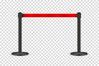 Realistic retractable belt stanchion on transparent background. Crowd control barrier posts with caution strap. Queue lines. Restriction border and danger tape. Vector illustration. clipart
