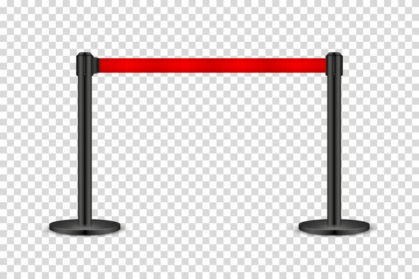 Realistic retractable belt stanchion on transparent background. Crowd control barrier posts with caution strap. Queue lines. Restriction border and danger tape. Vector illustration.