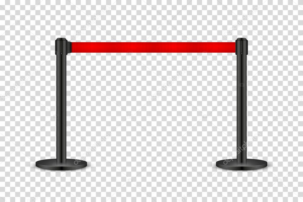 Realistic retractable belt stanchion on transparent background. Crowd control barrier posts with caution strap. Queue lines. Restriction border and danger tape. Vector illustration.