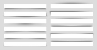 Gölgeli beyaz kağıt kırıntıları. Gri arkaplanda sayfa ayırıcıları. Gerçekçi şeffaf gölge etkisi. Tasarım elementi. Vektör illüstrasyonu.