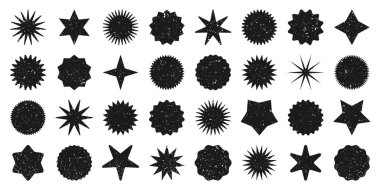 Retro yıldızlar, grunge güneş patlaması sembolleri. Klasik güneş ışığı simgeleri. Siyah alışveriş etiketleri, indirim etiketleri, kalite notları. Özel fiyat etiketi, terfi rozeti. Vektör illüstrasyonu.