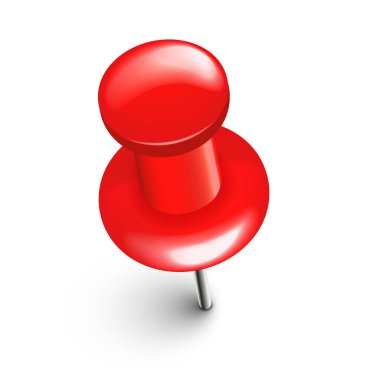 Gerçekçi kırmızı raptiye. Tahta tası beyaz arkaplanda izole edildi. İğneli plastik raptiye. Vektör illüstrasyonu.