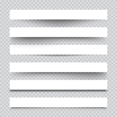 Gölgeli beyaz kağıt kırıntıları. İşaretli arkaplanda sayfa ayırıcıları. Gerçekçi şeffaf gölge etkisi. Tasarım elementi. Vektör illüstrasyonu.