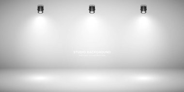 Sahne ışıkları olan boş gri stüdyo soyut arka plan. Ürün vitrini arka planı. Sahne ışıklandırması. Vektör illüstrasyonu.