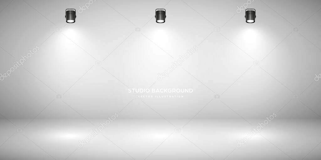 Empty gray studio abstract background with spotlights. Product showcase backdrop. Stage lighting. Vector illustration.