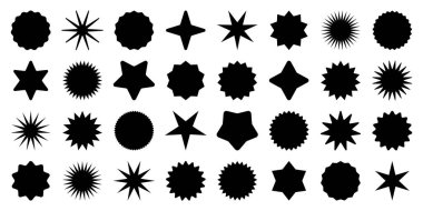 Retro yıldızlar, güneş patlaması sembolleri. Klasik güneş ışığı simgeleri. Siyah alışveriş etiketleri, indirim etiketleri, kalite notları. Özel fiyat etiketi, terfi rozeti. Vektör illüstrasyonu.