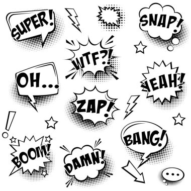 Beyaz arka planda yarım ton gölgeli ve metinli komik konuşma balonları. El çizimi eski çizgi film çıkartmaları. Pop sanat tarzı. Vektör illüstrasyonu.