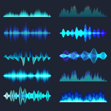 Mavi renkli ses dalgaları koleksiyonu. Analog ve dijital ses sinyali. Müzik eşitleyicisi. Parazit ses kaydı. Yüksek frekanslı radyo dalgası. Vektör illüstrasyonu.