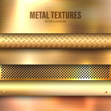Gerçekçi fırçalanmış metal dokular seti. Parlatılmış paslanmaz çelik arka plan. Vektör illüstrasyonu.