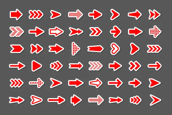 Renkli ok çıkartmaları ayarlandı. Kırmızı imleç simgeleri, işaretçiler koleksiyonu. Farklı şekillerde basit oklar. Sonra, ağ işaretleri. Vektör illüstrasyonu. — Stok Vektör