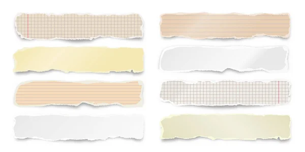 Tiras de papel coloridas rasgadas isoladas em fundo branco. Retalhos de papel amassados realistas com bordas rasgadas. Triturados de páginas de cadernos. Ilustração vetorial. — Vetor de Stock