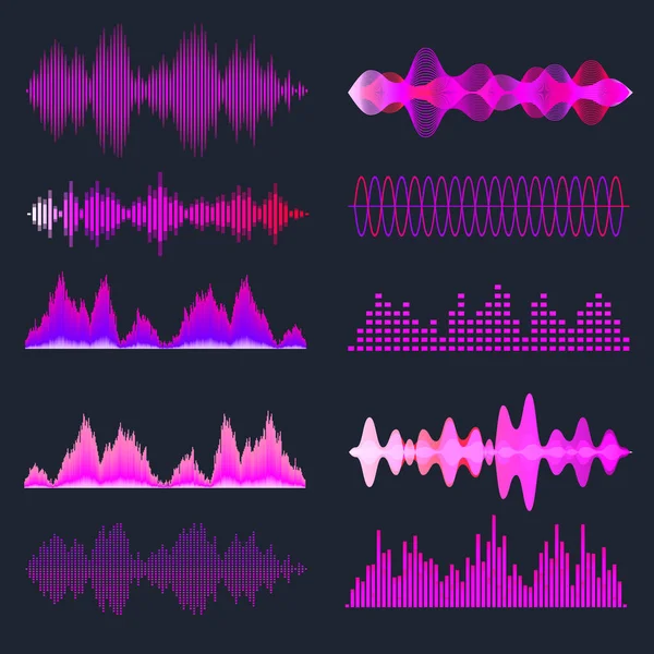 Bunte Schallwellen sammeln sich. Analoges und digitales Audiosignal. Musik-Equalizer. Interferenz-Sprachaufnahme. Hochfrequente Radiowelle. Vektorillustration. — Stockvektor