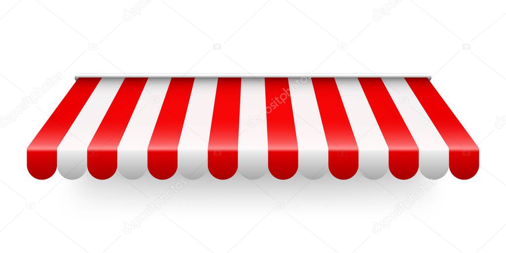 Red shop sunshade isolated on white background. Realistic striped cafe awning. Outdoor market tent. Roof canopy. Summer street store. Vector illustration.