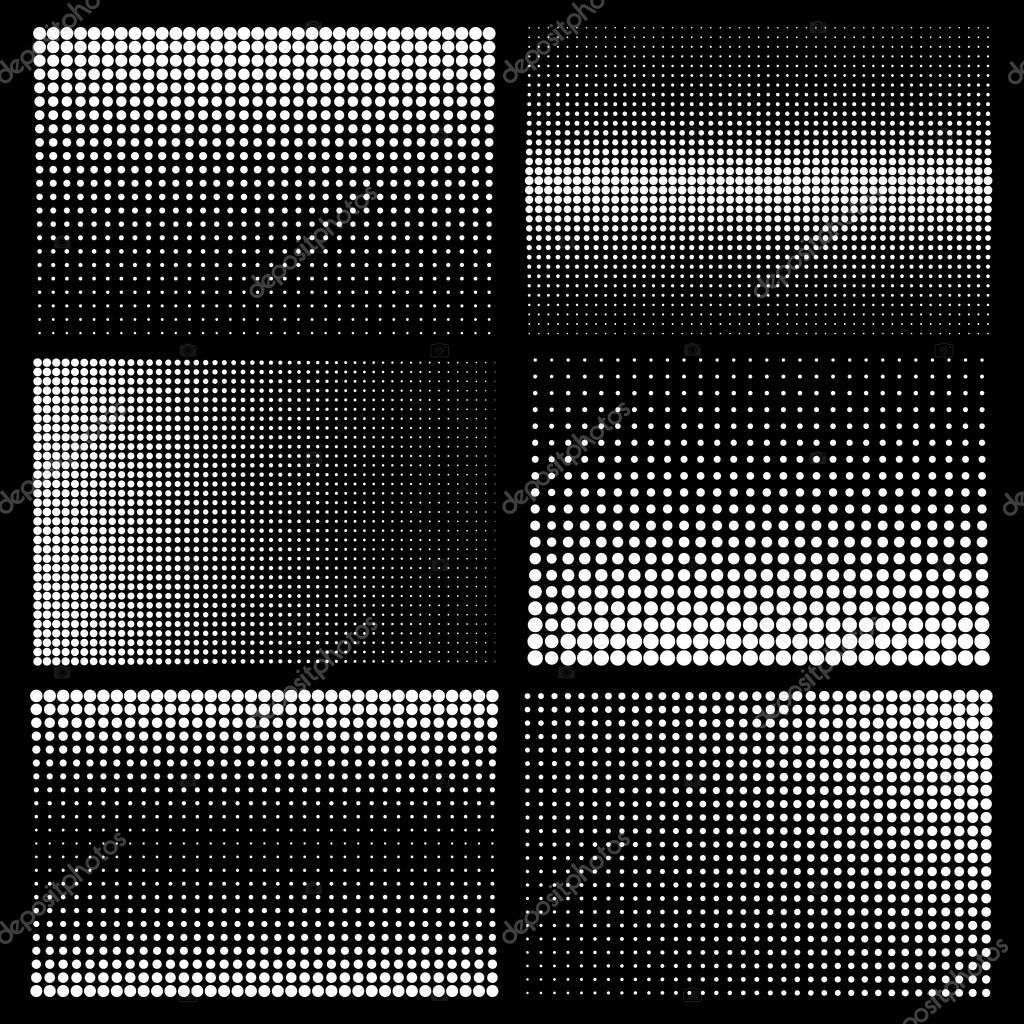 Halftone design elements with white dots on black background. Comic dotted pattern. Vector illustration