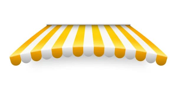 Guarda-sol amarelo loja isolado no fundo branco. toldo café listrado realista. Tenda mercado ao ar livre. Cobertura do telhado. Loja de verão. Ilustração vetorial. — Vetor de Stock