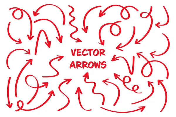 Röda handritade pilar isolerade på vit bakgrund. Doodle pil, sicksack och runda pekare. Handgjorda skisser av riktningssymboler. Vektorillustration. — Stock vektor