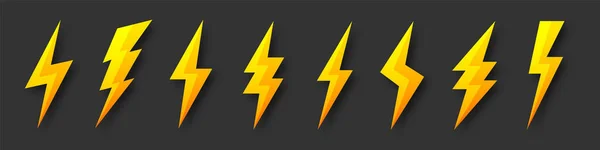 Yellow lightning bolt icons collection. Flash symbol, thunderbolt. Simple lightning strike sign. Vector illustration. — Stock Vector