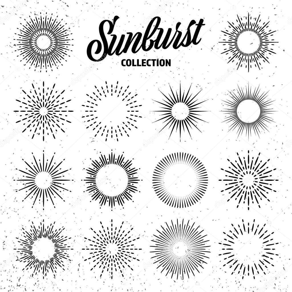 Vintage grunge sunburst collection. Bursting sun rays. Fireworks. Logotype or lettering design element. Radial sunset beams. Vector illustration.