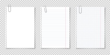 A4 formatında, metal klipsli, şeffaf arkaplanı olan gerçekçi boş kağıt kağıtlar. Defter sayfası, belge. Tasarım şablonu veya maketi. Vektör illüstrasyonu.