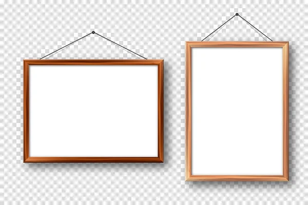 Realistic wooden picture frames with shadow on checkered background. Hanging on a wall blank poster mockup. Empty photo frame. Vector illustration. — Stock Vector