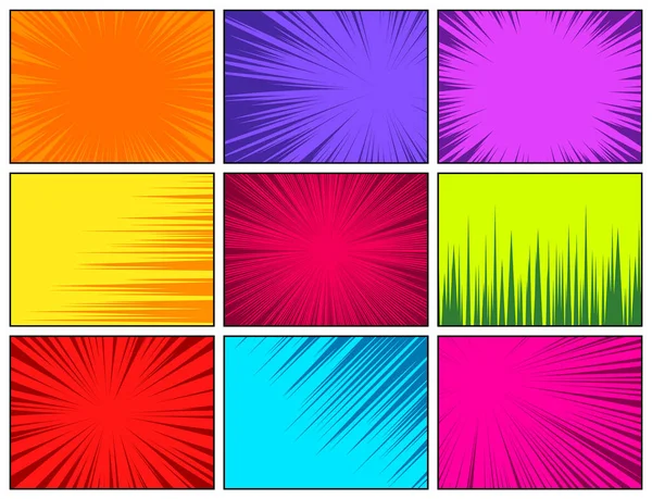 Comic book colorful radial lines collection. Cartoon comics background with motion, speed lines. Retro Pop Art style. Vector illustration. — Stock Vector