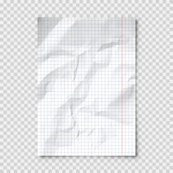 Realistic blank crumpled paper sheet in A4 format on transparent background. Notebook page, document. Design template or mockup. Vector illustration. — Stock Vector