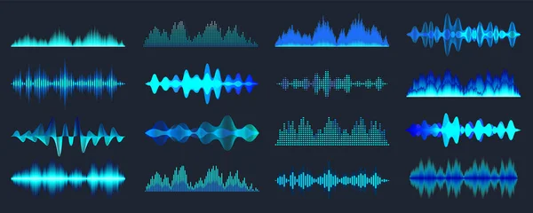 Μπλε πολύχρωμη συλλογή ηχητικών κυμάτων. Αναλογικό και ψηφιακό ηχητικό σήμα. Ισοσταθμιστής μουσικής. Παρεμβολή ηχογράφησης φωνής. Ραδιοκύματα υψηλής συχνότητας. Εικονογράφηση διανύσματος. — Διανυσματικό Αρχείο