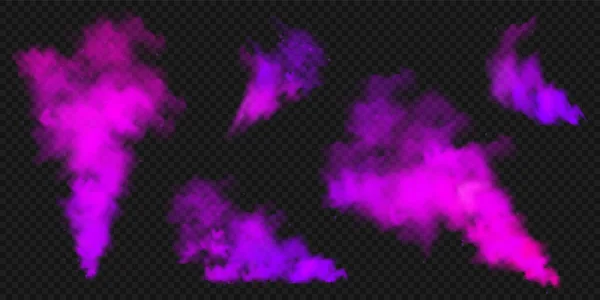 Reális lila színű füstfelhők, köd hatás. Színes köd sötét háttérrel. Gőz a levegőben, gőz áramlás. Vektorillusztráció. — Stock Vector